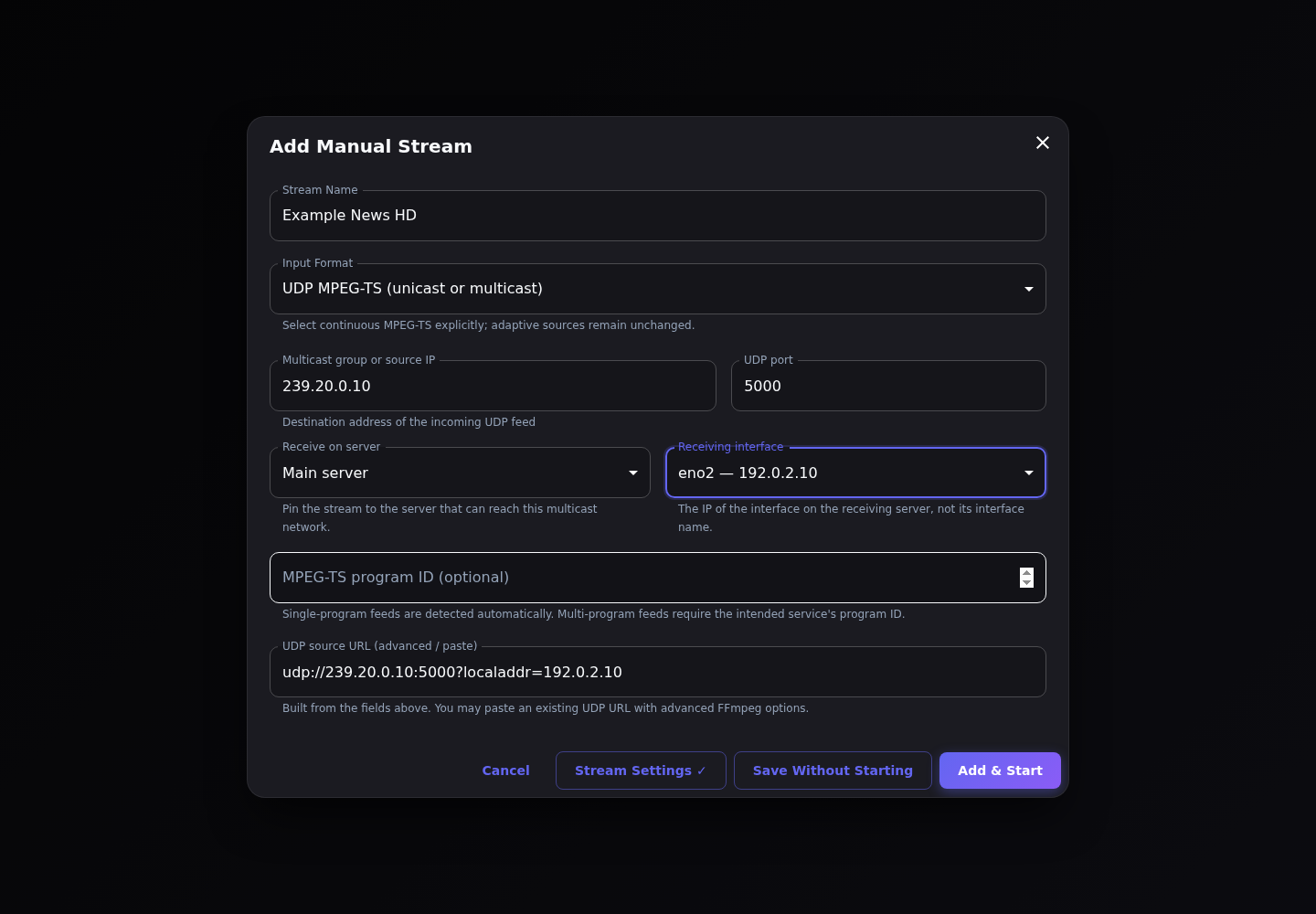 Actual Add Manual Stream dialog with UDP MPEG-TS selected