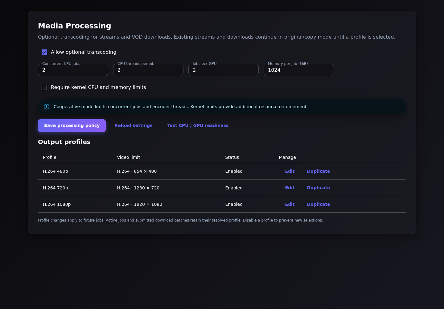 Media Processing: optional encoding, admission limits and saved output profiles