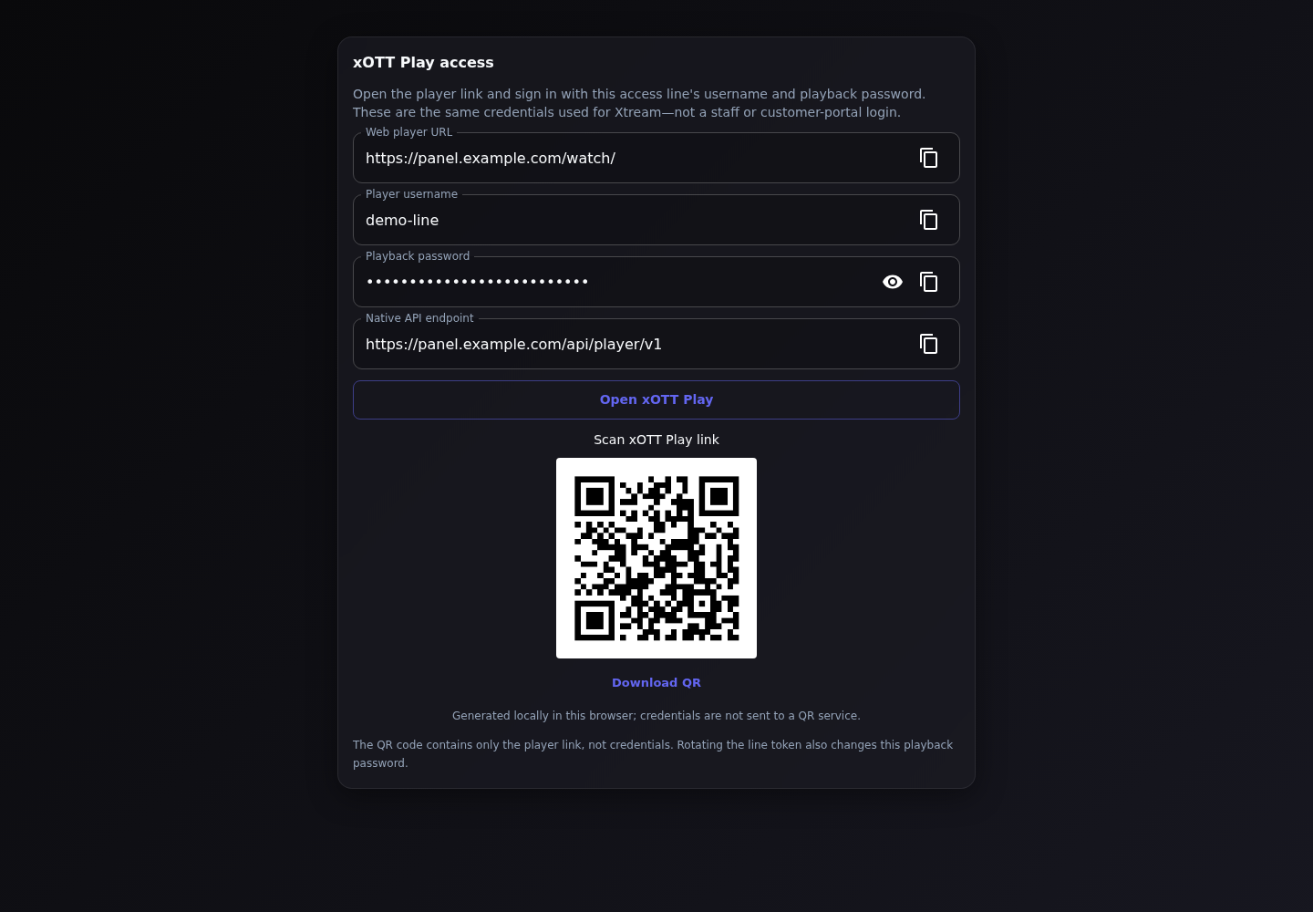 Actual xOTT Play access component with fictional access-line details