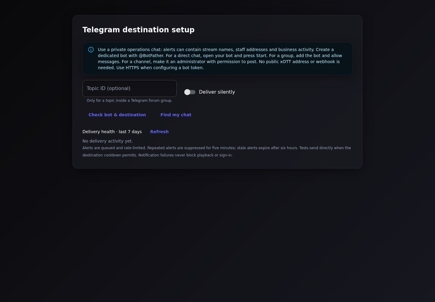 Actual Telegram setup panel showing chat discovery and topic controls